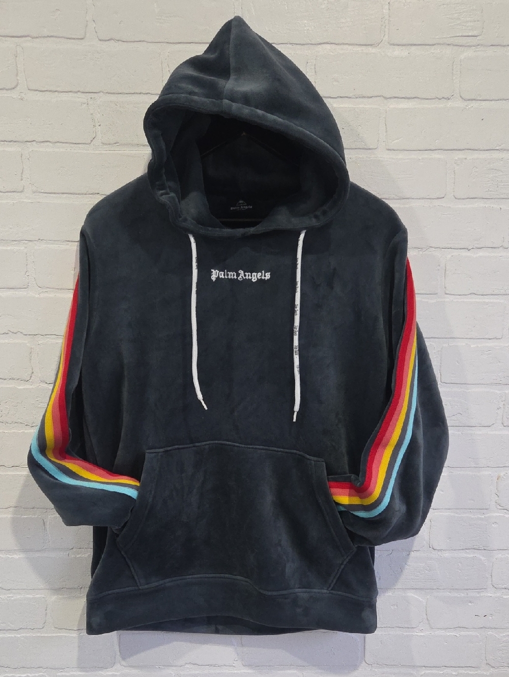Palm Angels Grey Hoodie with Rainbow Sleeve Stripes